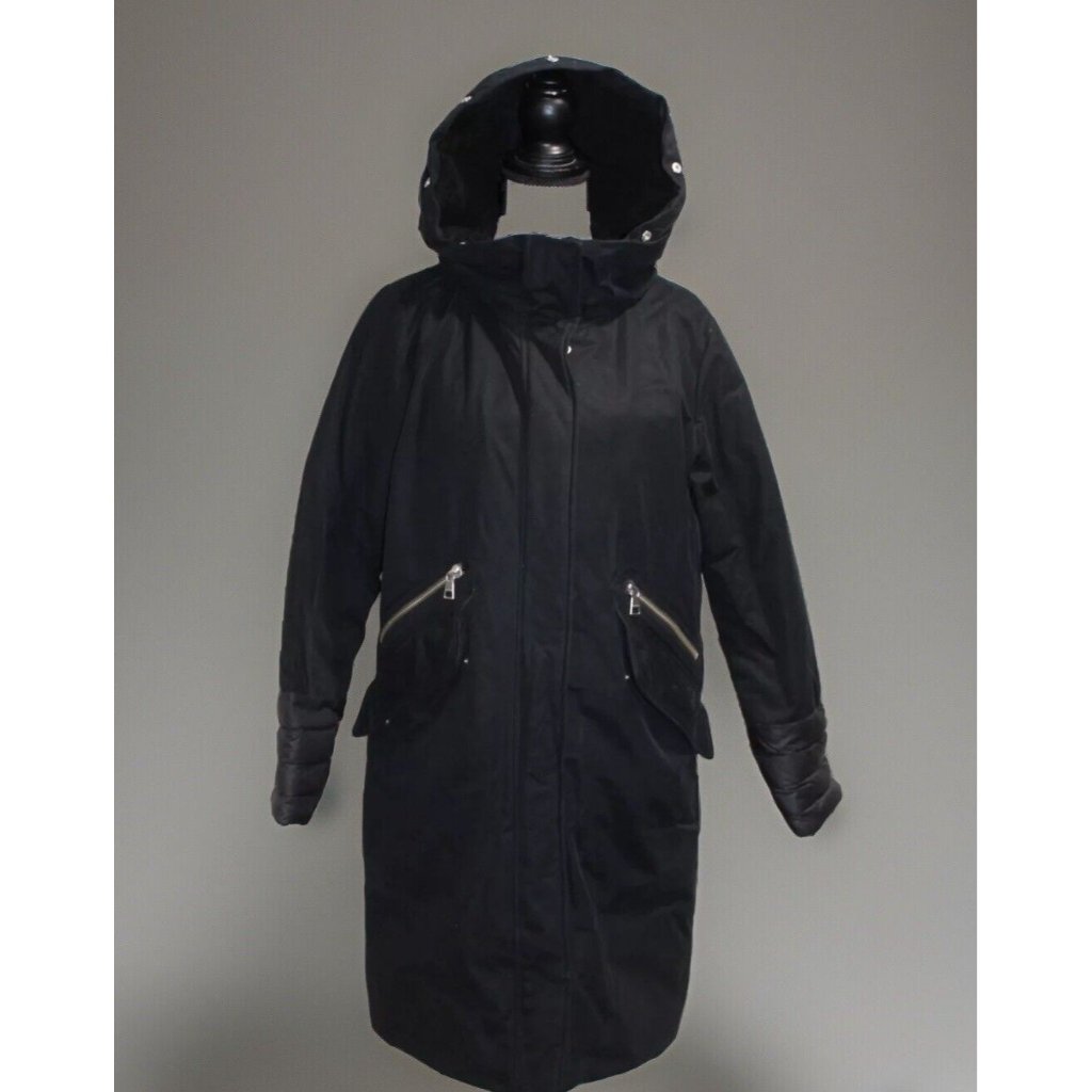 Soia Kyo Black Mixed Media Hooded Coat Quilted Down Puffer Lined Fishtail M $595
